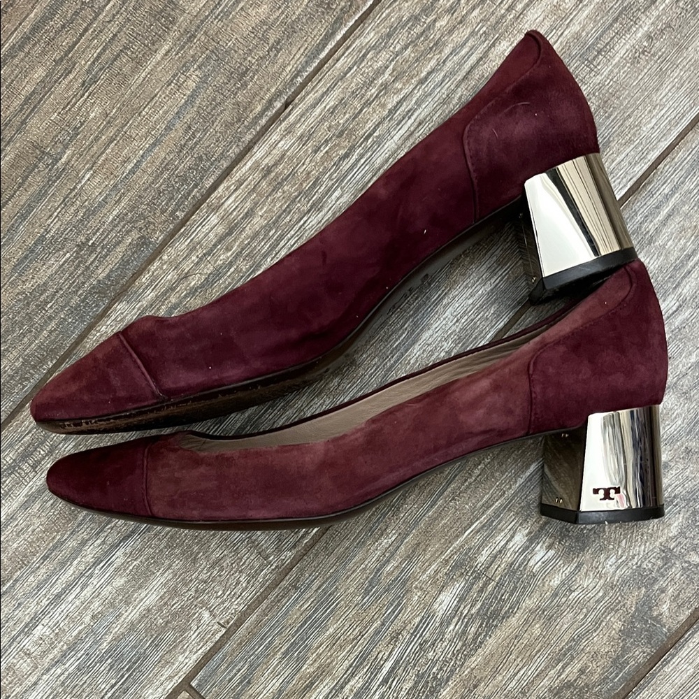 Tory Burch Evelyn Plum Maroon Suede Block Heels Size 9.5 M Shoes - Picture 6 of 14